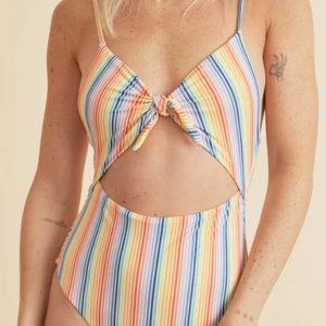 Marine Layer Havana Tie Front One Piece Swimsuit in Rainbow Stripe